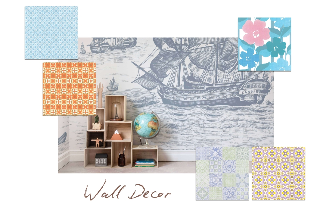 You can use vintage-themed wallpaper or retro wall art paintings.